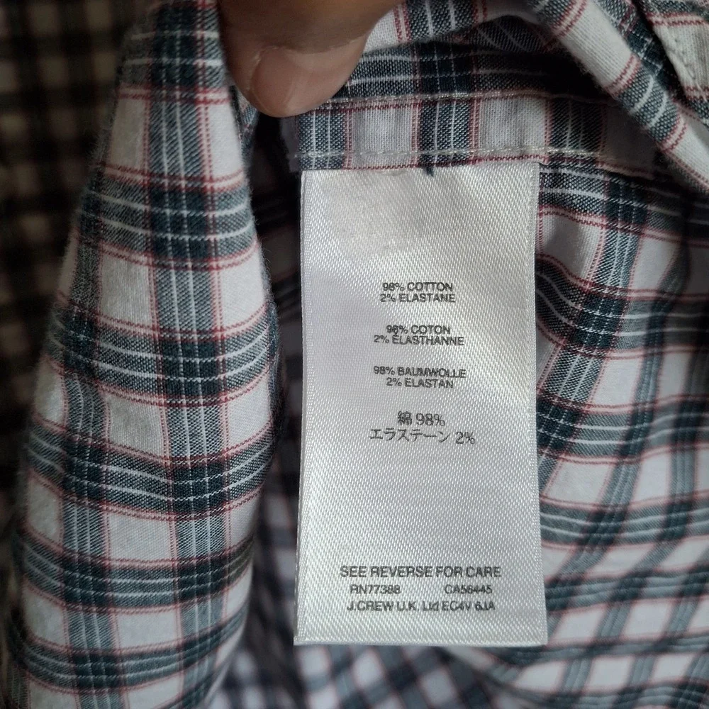 J Crew 2XL Shirt Slim Fit Button Down Gray Red Plaid Stretch Cotton Blend Casual